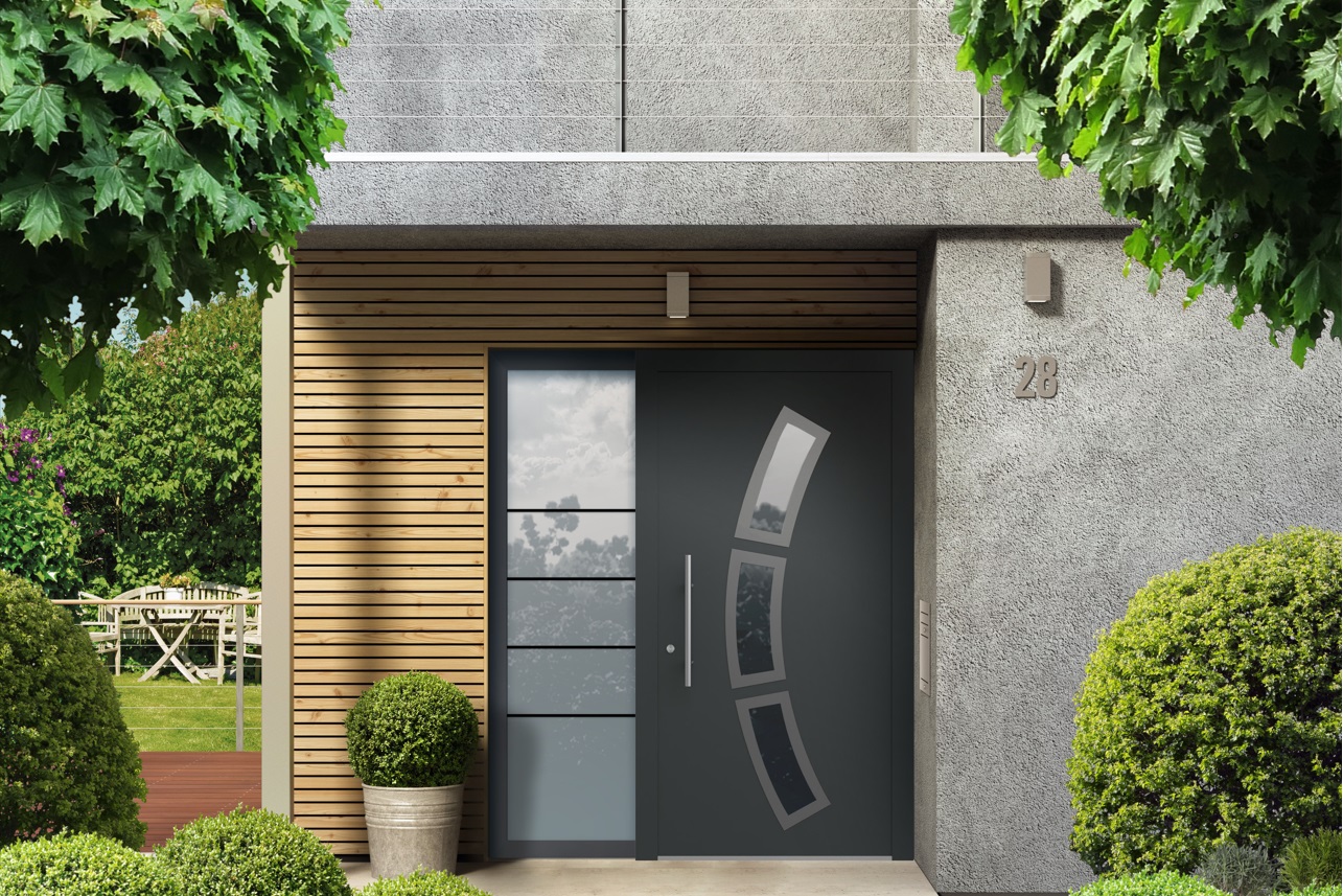 Anthrazitgraue Aluminiumtüren mit Seitenteil im Haus
