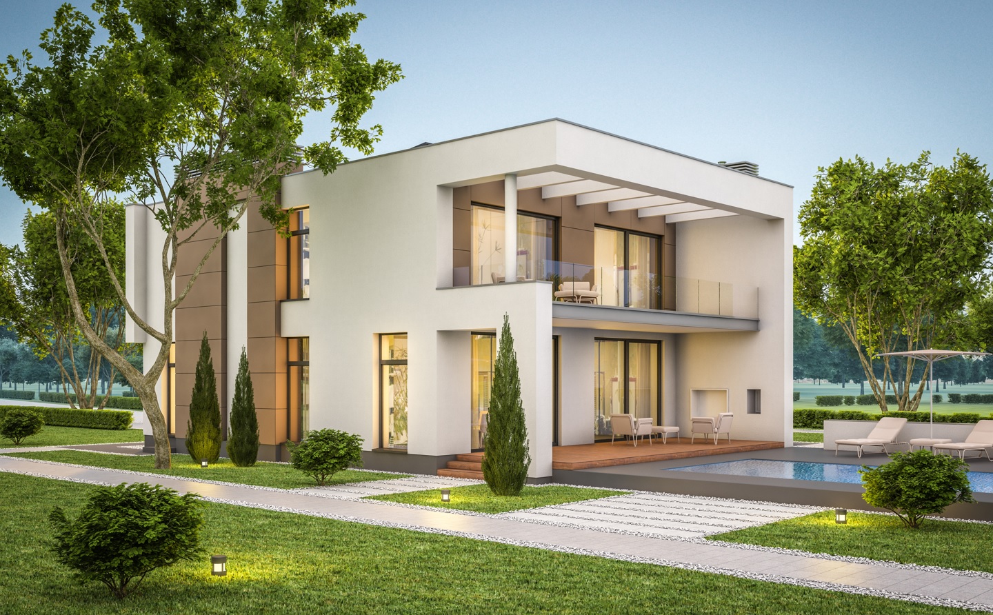 Ein Haus mit Terrassentüren aus Aluminium